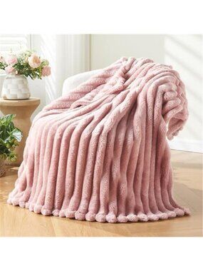 Pink Throw Blanket Soft Fleece Ribbed Flannel Lightweight Cozy Bed Blanket 50x60